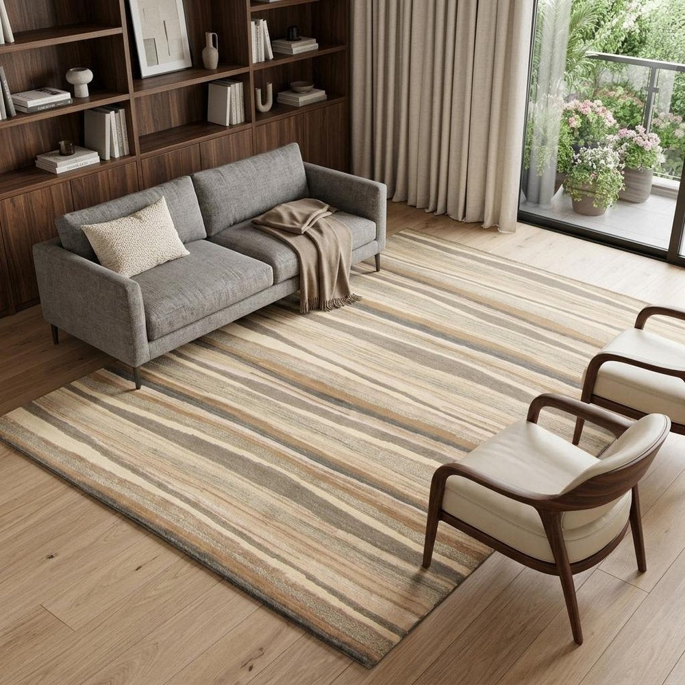 9' X 12' Beige and Brown Wool Abstract Stripe Hand Loomed Area Rug