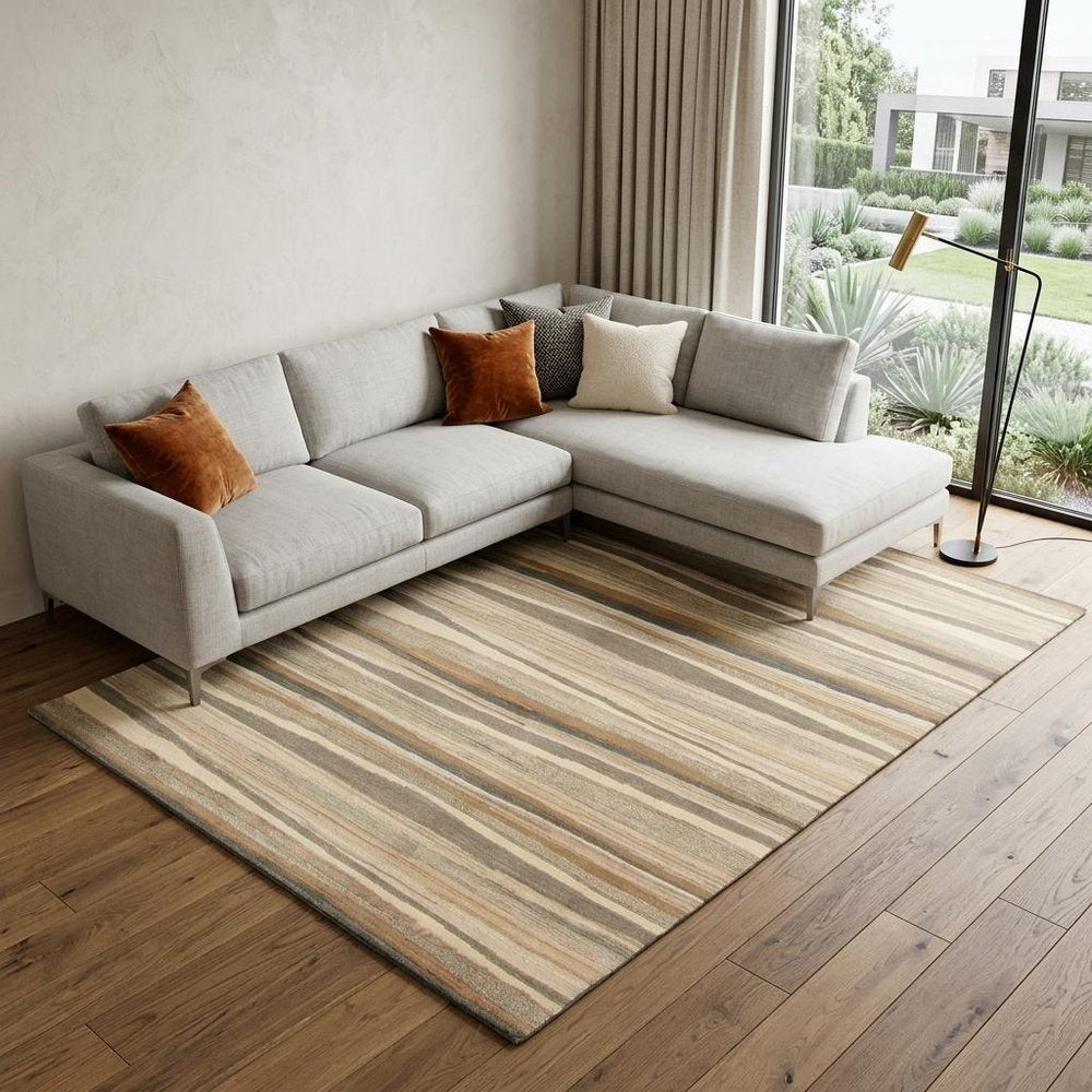 9' X 12' Beige and Brown Wool Abstract Stripe Hand Loomed Area Rug