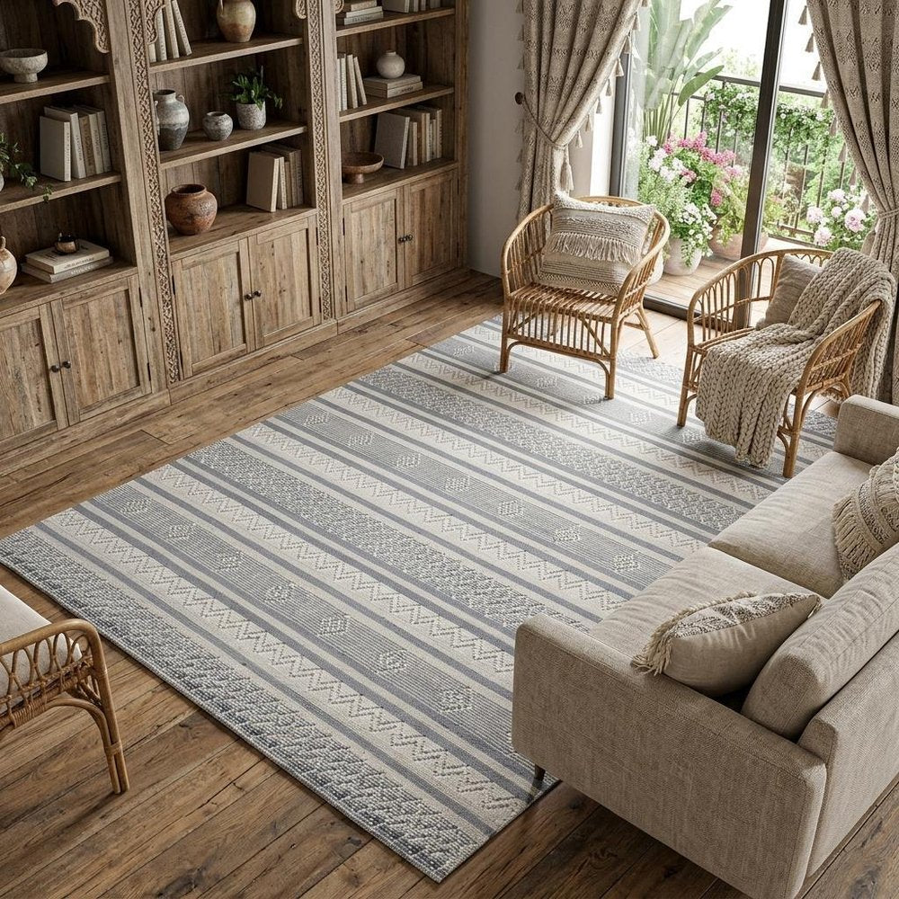 8' X 10' Light Gray and Dark Gray Geometric Hand Loomed Area Rug