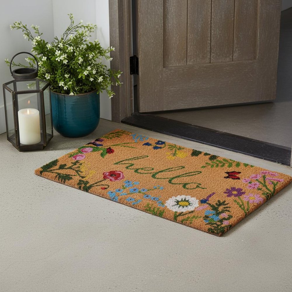 24" X 36" Natural and Green Coir Floral Hello Outdoor Door Mat