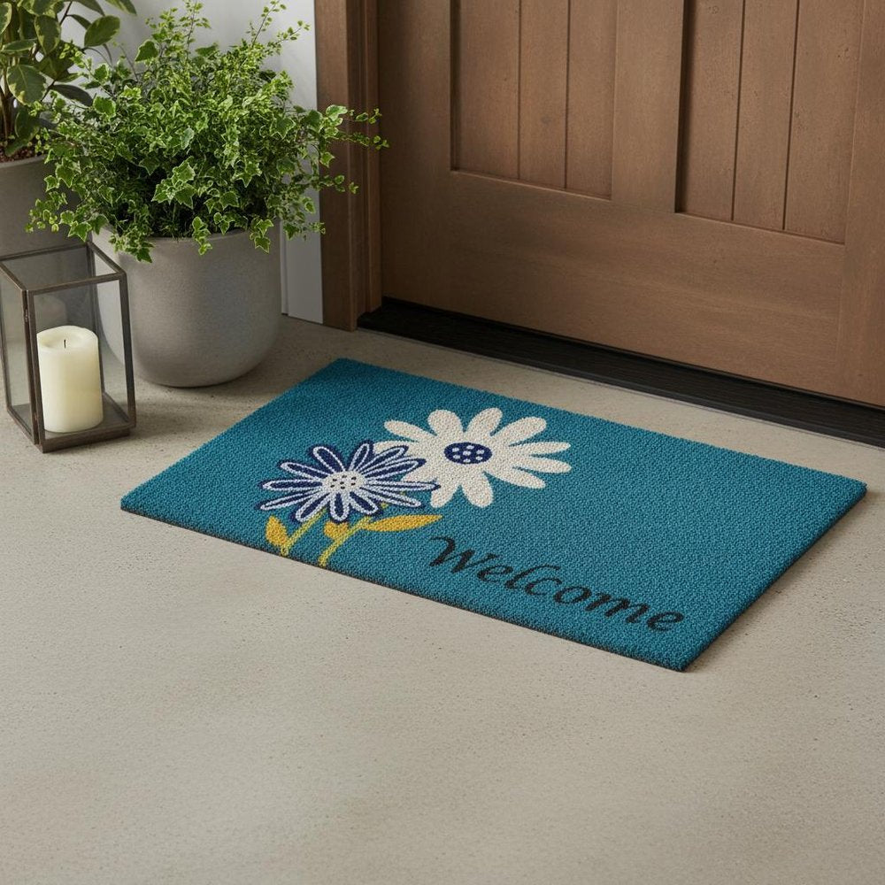 17" X 29" Blue and White Coir Floral Welcome Outdoor Door Mat