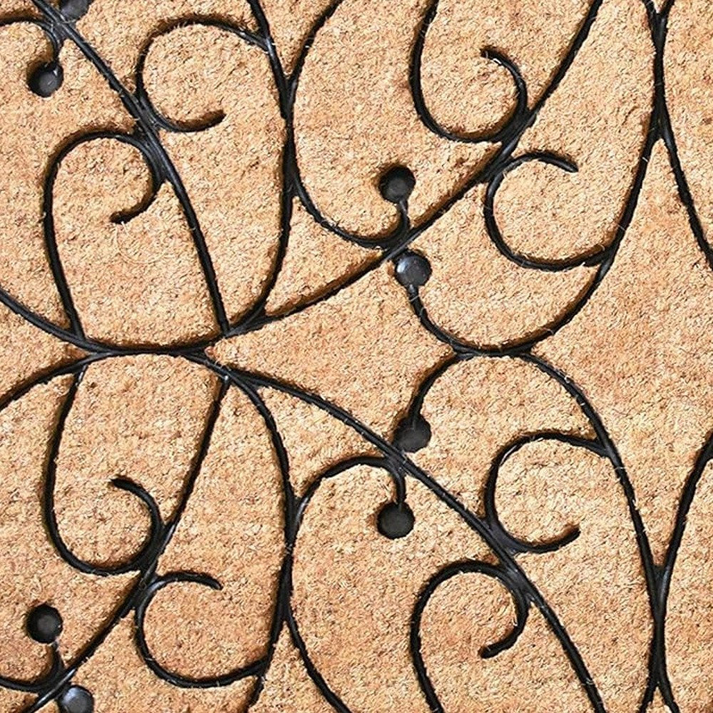 24" X 36" Natural and Black Coir Botanical Leaves Outdoor Door Mat