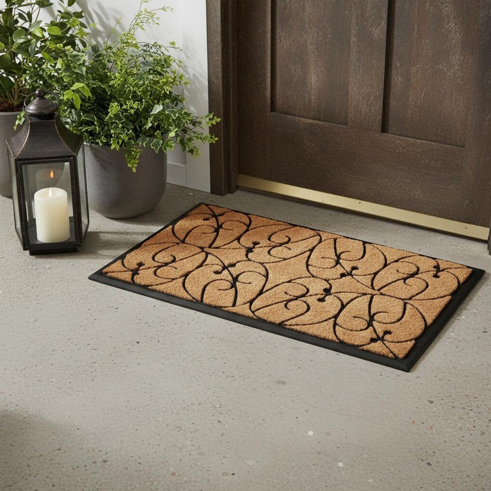 24" X 36" Natural and Black Coir Botanical Leaves Outdoor Door Mat
