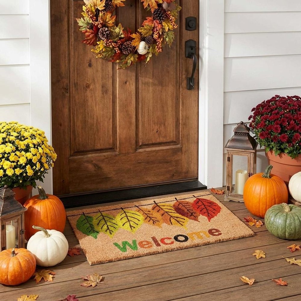 17" X 29" Natural Green And Orange Botanical Leaves Welcome Outdoor Coir Door Mat