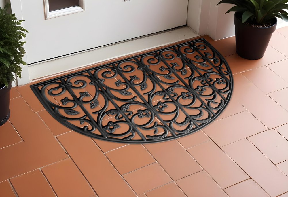 24" X 36" Black Rubber Scrollwork Outdoor Semi Circle Door Mat
