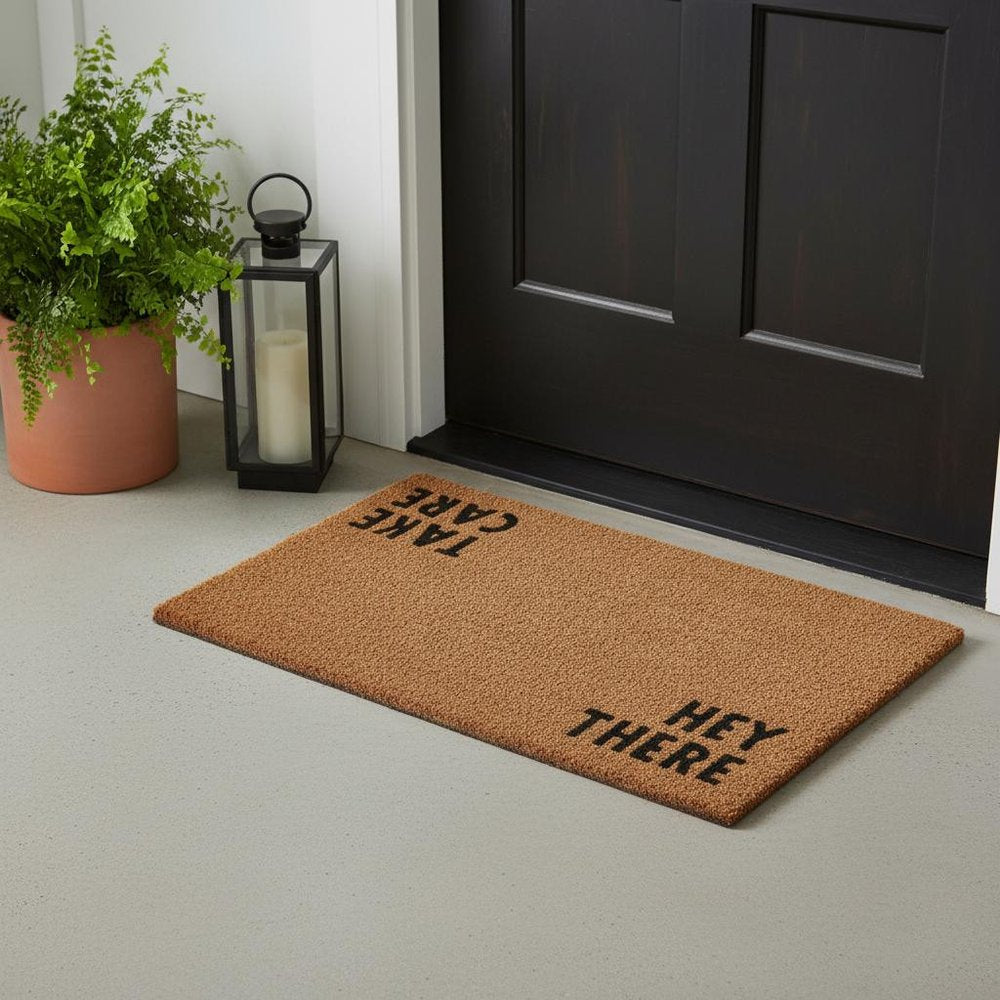 17" X 29" Natural and Black Coir Hey There Outdoor Door Mat