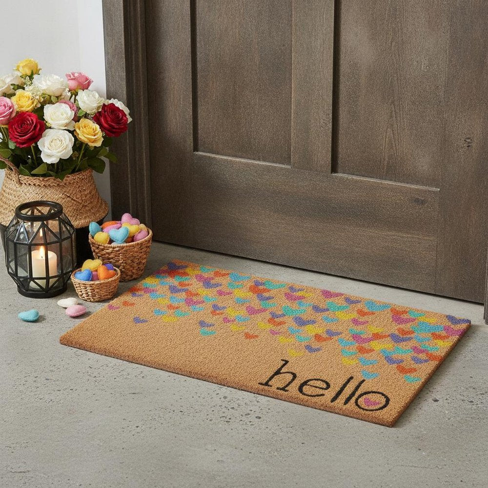 17" X 29" Natural Blue and Yellow Coir Heart Outdoor Valentine's Day Door Mat