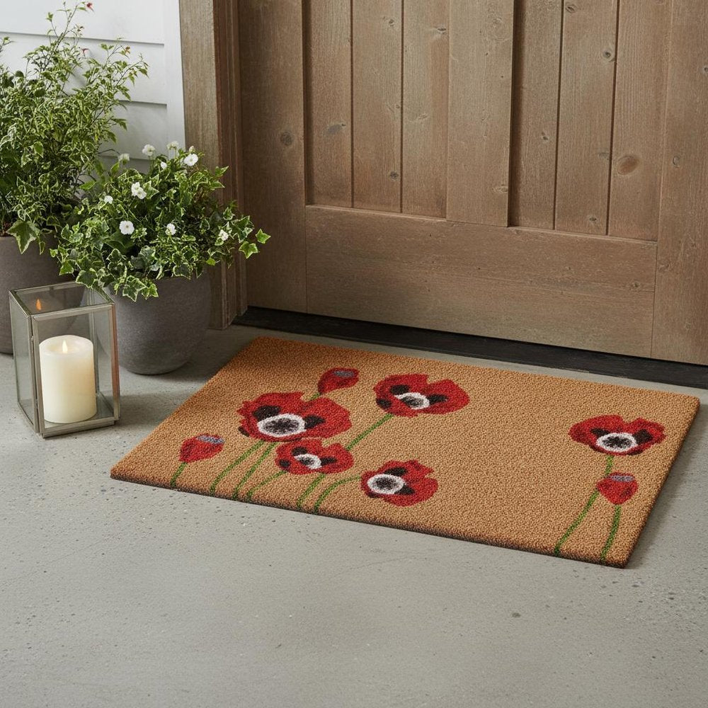 17" X 29" Natural Red and Black Coir Floral Outdoor Door Mat