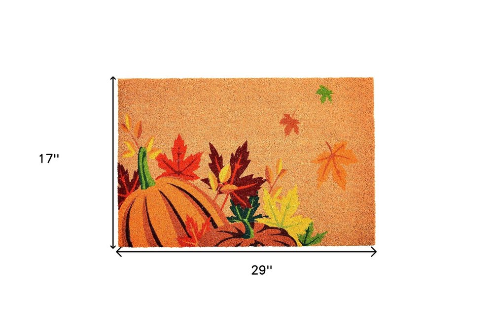 17" X 29" Natural Orange and Green Coir Pumpkins and Leaves Outdoor Fall Door Mat