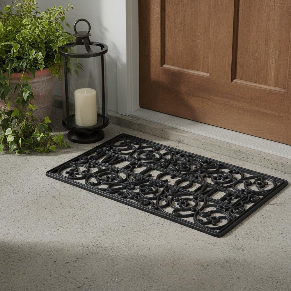 18" X 30" Black Rubber Scrollwork Welcome Outdoor Door Mat