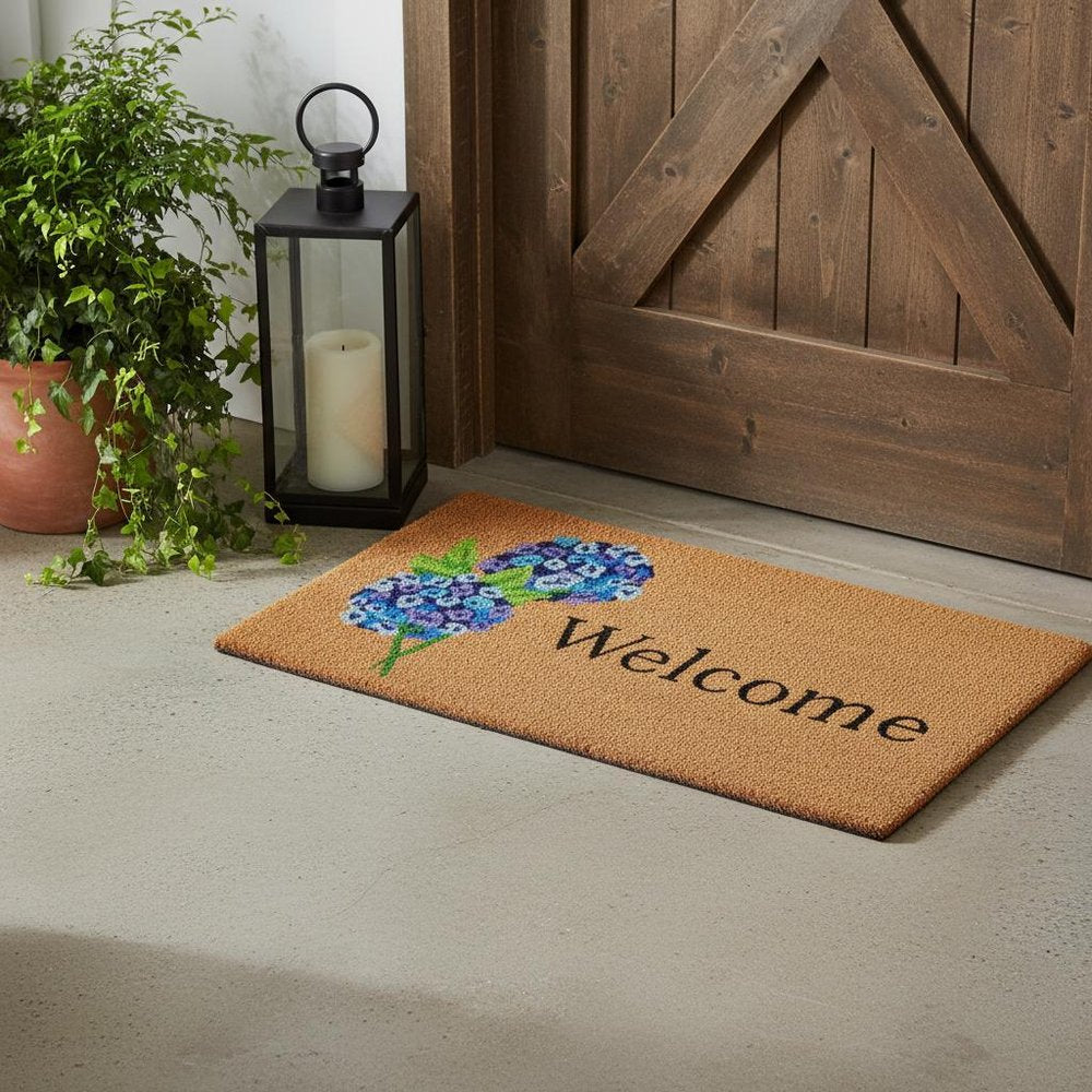 17" X 29" Natural and Blue Coir Floral Welcome Outdoor Door Mat