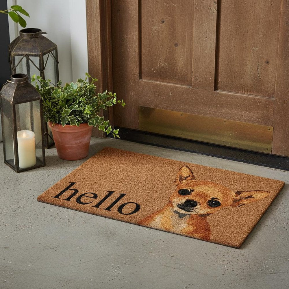 17" X 29" Natural Black and Brown Coir Chihuahua Hello Outdoor Door Mat