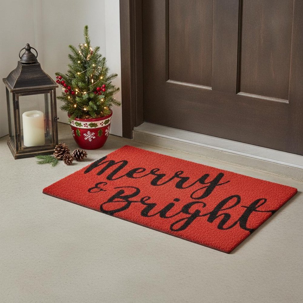17" X 29" Red and Black Coir Merry and Bright Outdoor Christmas Door Mat