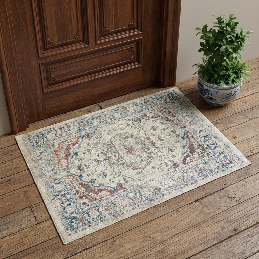 2' X 3' Ivory Blue and Gray Oriental Distressed Area Rug With Fringe