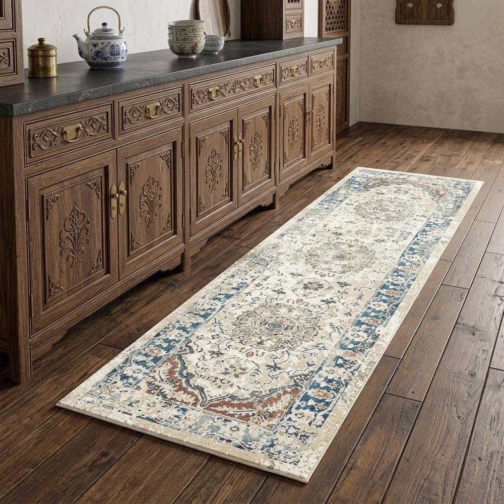8' Ivory Blue and Gray Oriental Distressed Runner Rug With Fringe