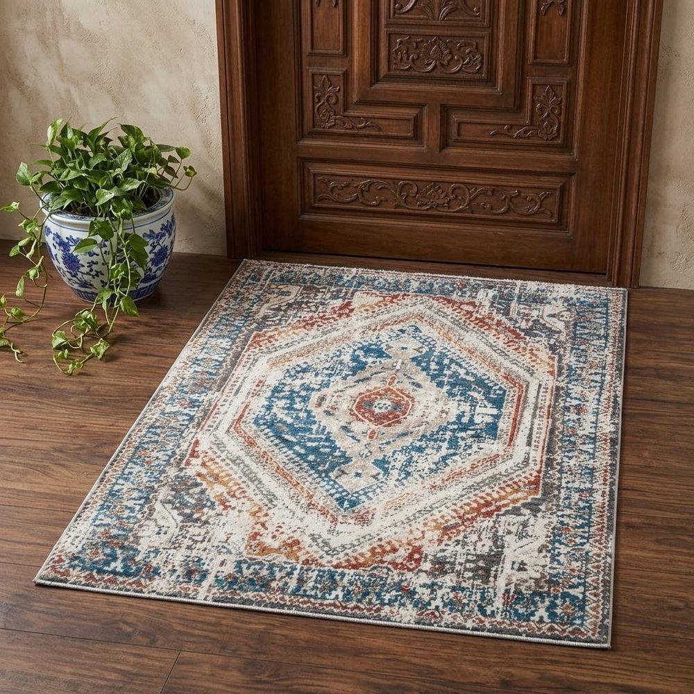 2' X 3' Teal Taupe and Rust Geometric Distressed Area Rug With Fringe