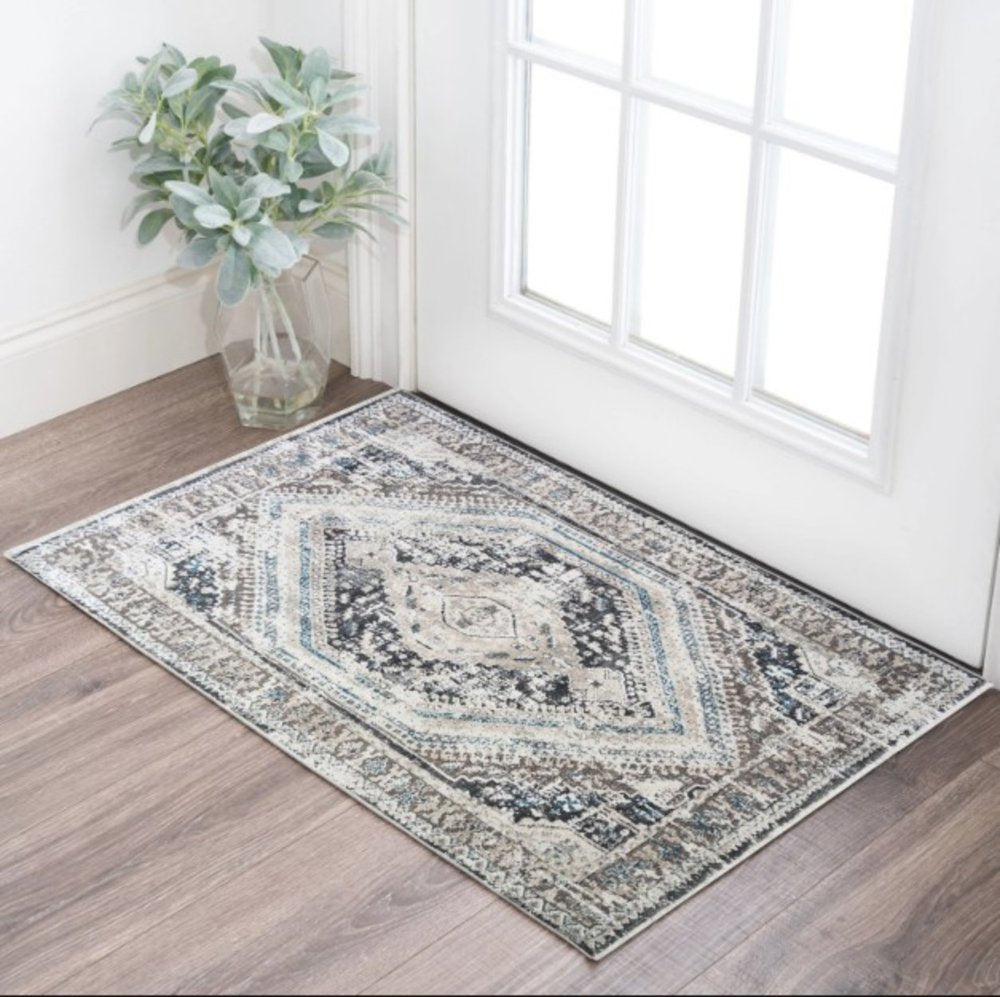 2' X 3' Gray Beige and Blue Geometric Distressed Area Rug With Fringe