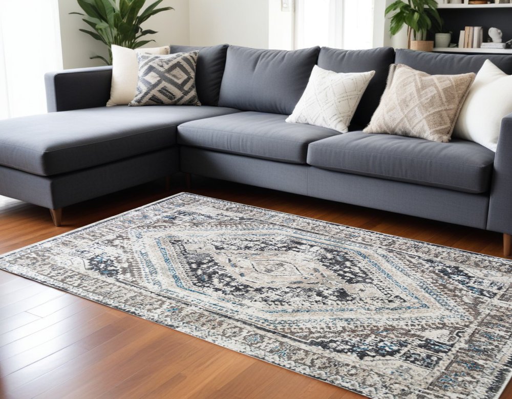 8' X 10' Gray Beige and Blue Geometric Distressed Area Rug With Fringe