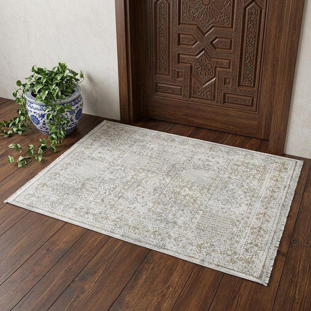 2' X 3' Ivory Oriental Distressed Area Rug With Fringe