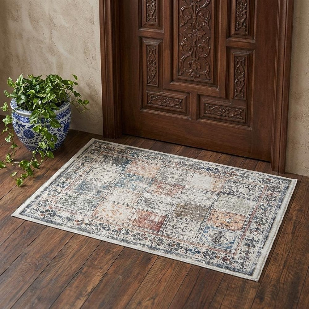 2' X 3' Ivory Blue and Gray Patchwork Distressed Area Rug With Fringe