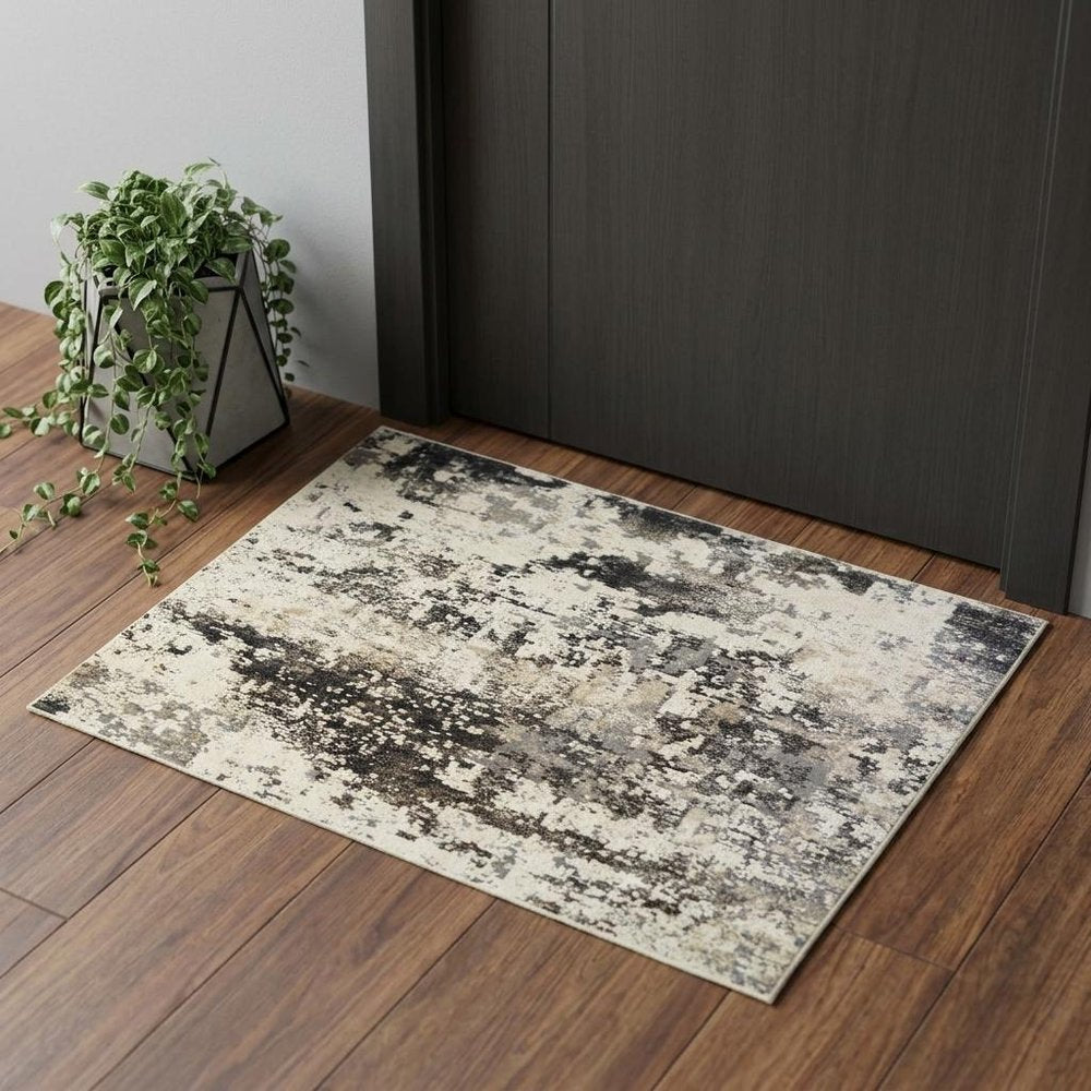 2' X 3' Black Abstract Distressed Area Rug With Fringe