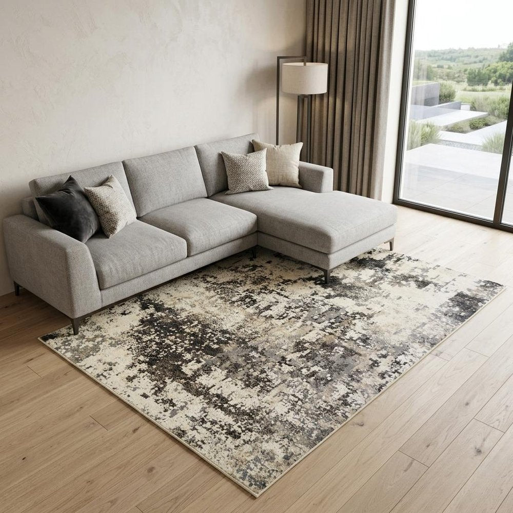 9' X 13' Black Abstract Distressed Area Rug With Fringe