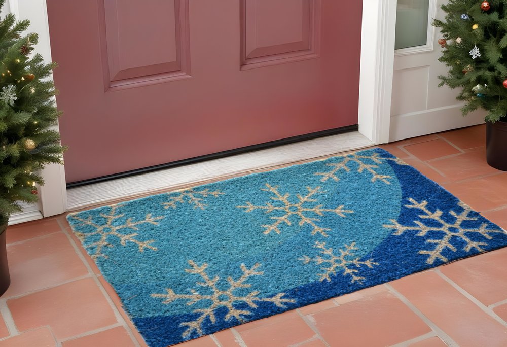 18" X 30" Blue and White Coir Snowflake Outdoor Winter Door Mat