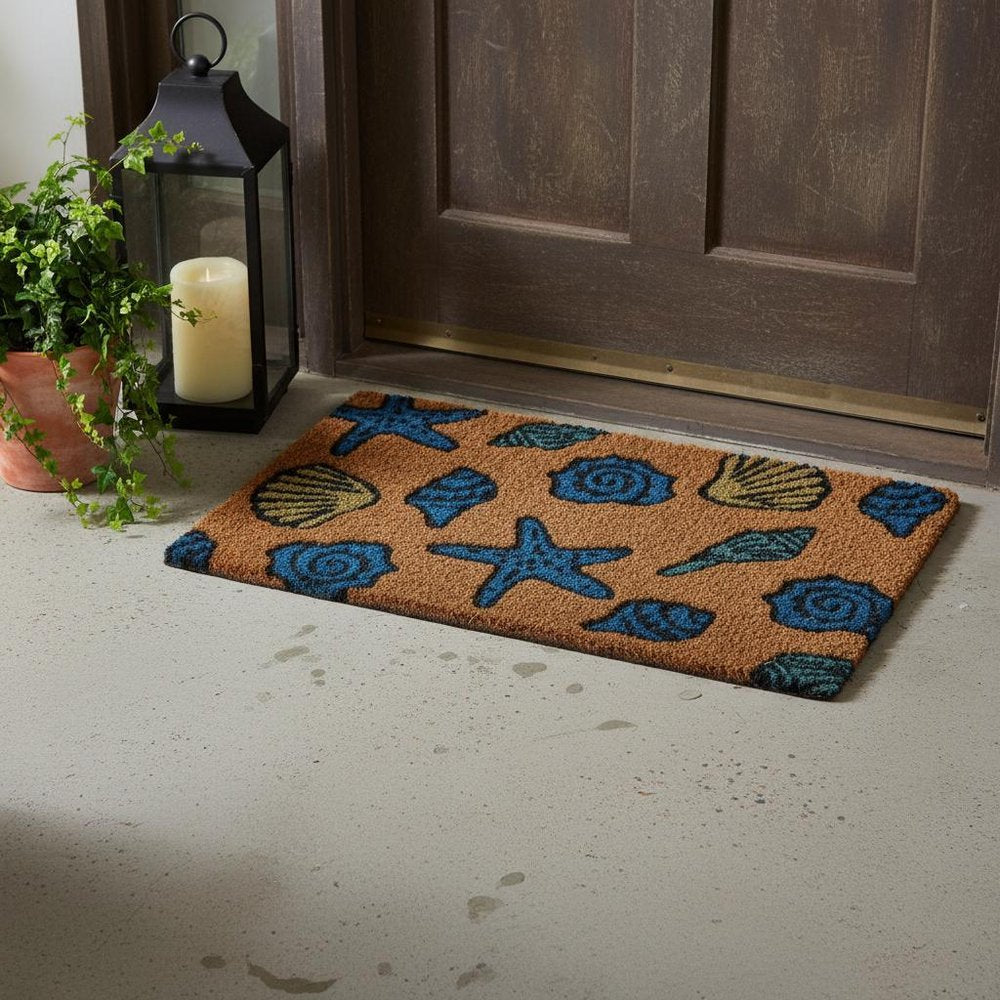 18" X 30" Blue and Brown Coir Seashells Outdoor Door Mat
