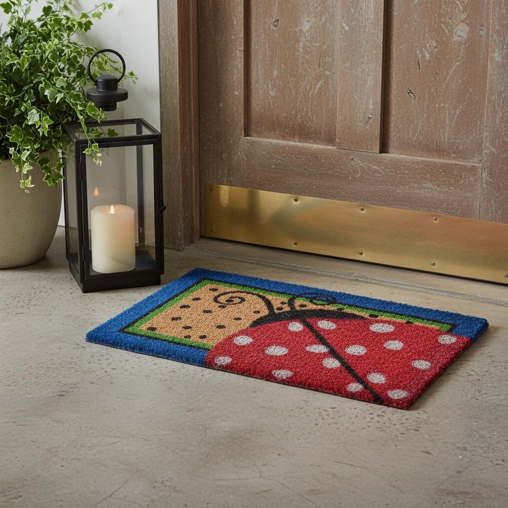 18" X 30" Blue and Brown Coir Ladybug Outdoor Door Mat