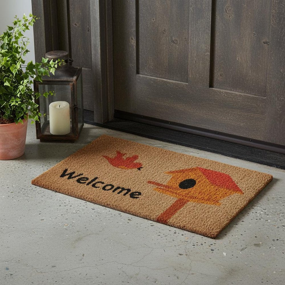 18" X 30" Beige and Black Coir Bird Welcome Outdoor Door Mat