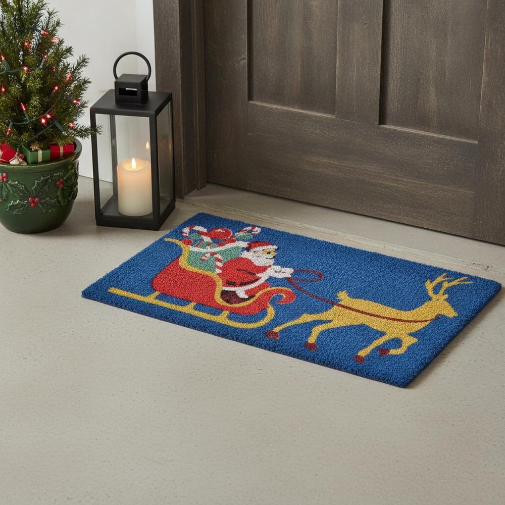 18" X 30" Blue and Yellow Coir Santa Claus Outdoor Holiday Door Mat