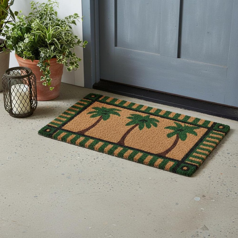 18" X 30" Brown and Green Coir Palm Tree Outdoor Door Mat