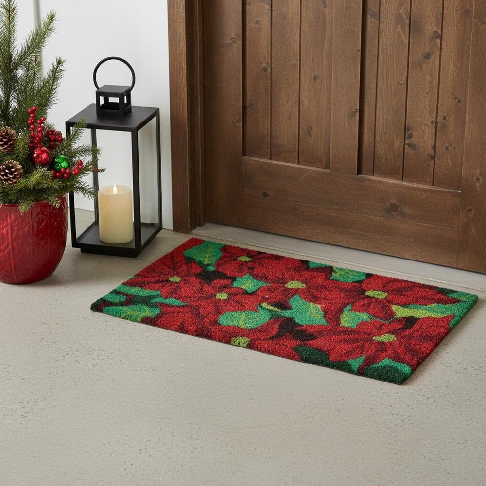 18" X 30" Red and Green Coir Poinsettia Outdoor Christmas Door Mat