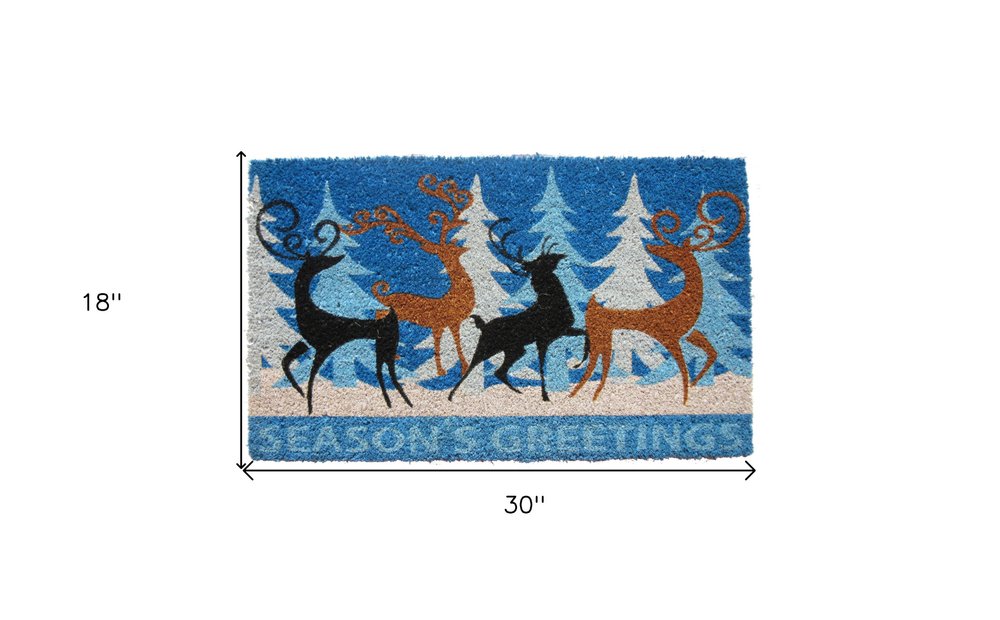 18" X 30" Blue Coir Deer Seasons Greetings Outdoor Holiday Door Mat