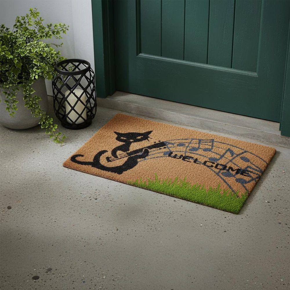 18" X 30" Brown and Black Coir Cat Welcome Outdoor Door Mat