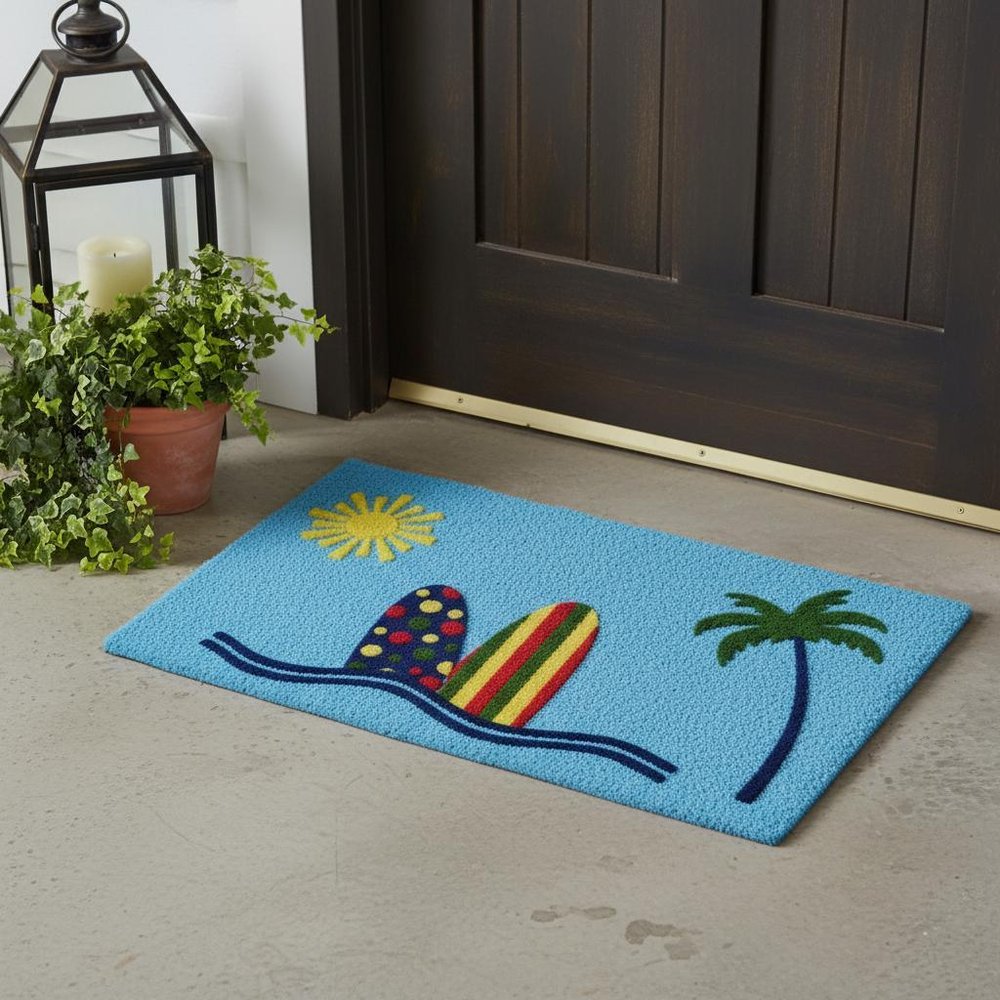 18" X 30" Blue and Green Coir Tropical Outdoor Door Mat