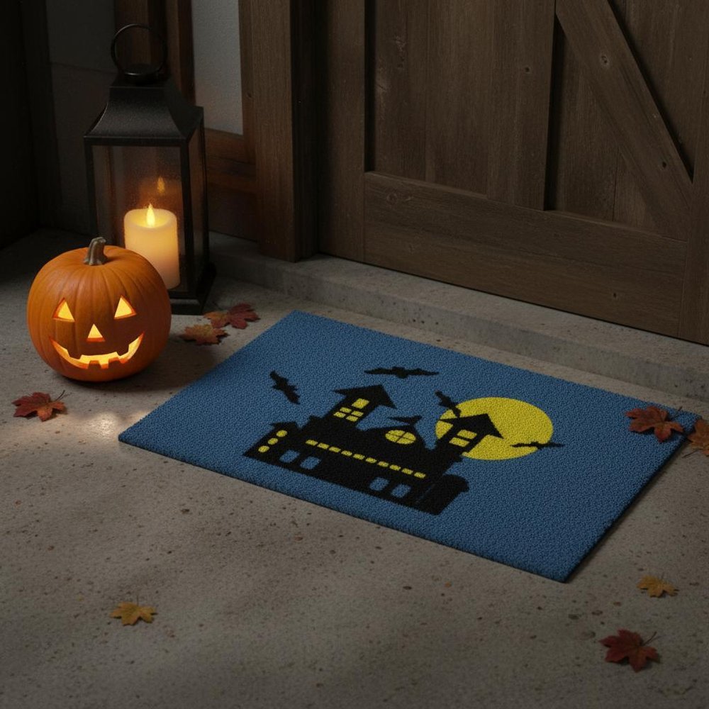 18" X 30" Blue and Black Coir Spooky House Outdoor Halloween Door Mat