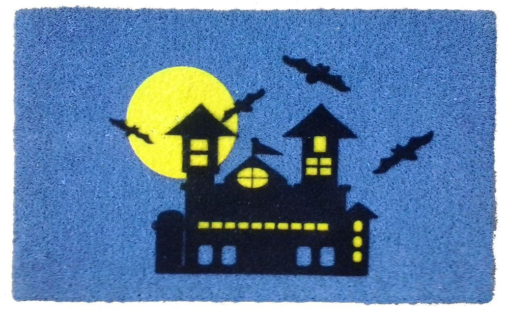 18" X 30" Blue and Black Coir Spooky House Outdoor Halloween Door Mat