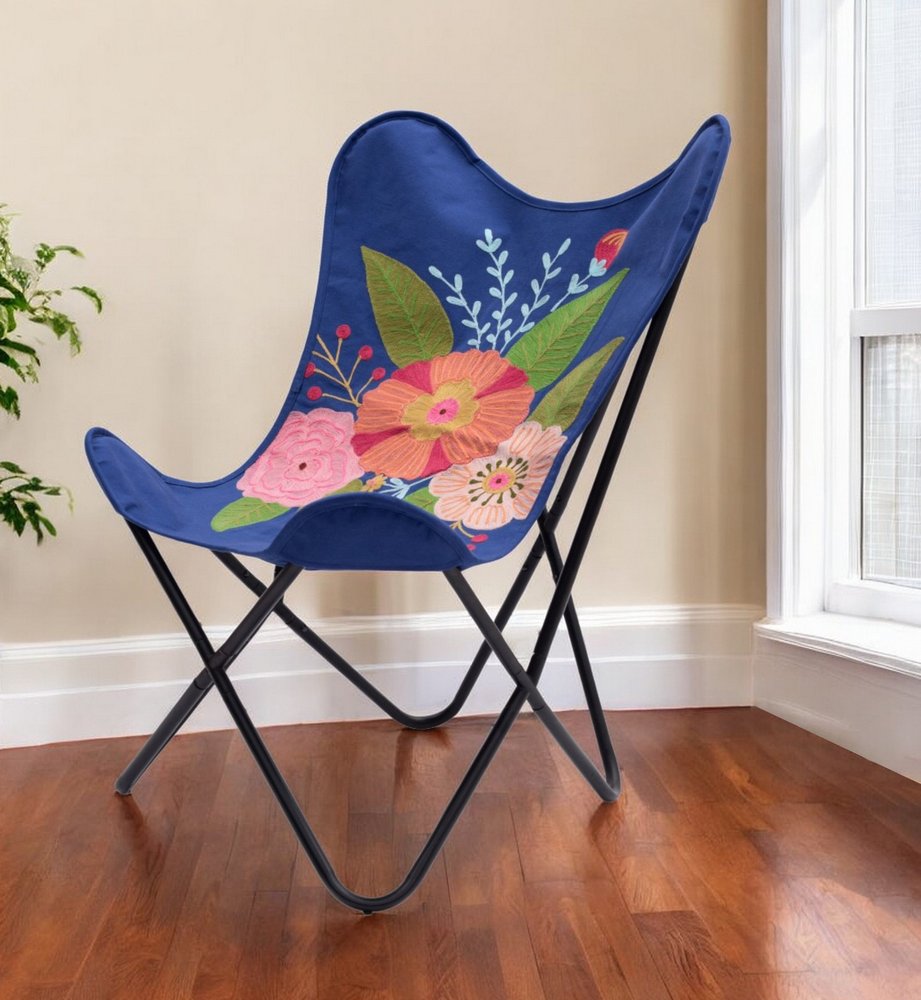 26" Blue And Black Tropical Butterfly Chair