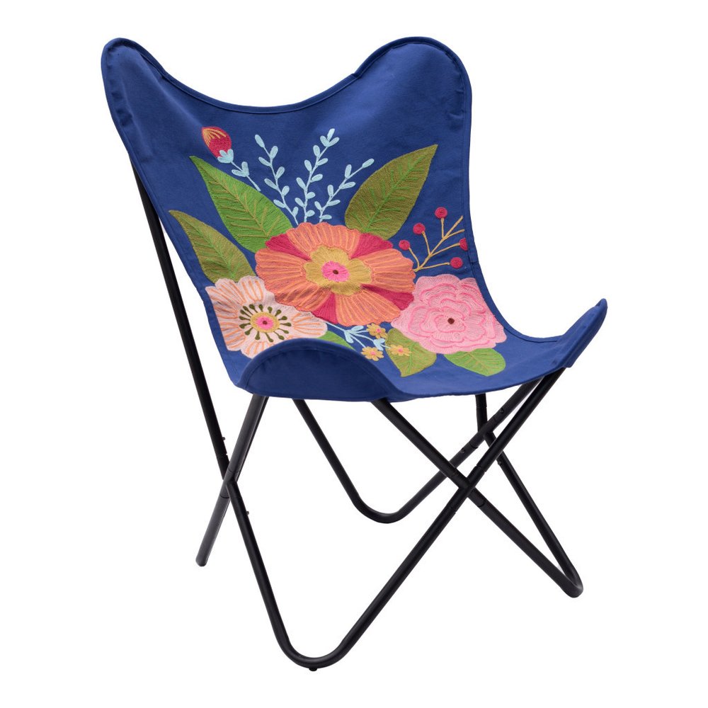 26" Blue And Black Tropical Butterfly Chair