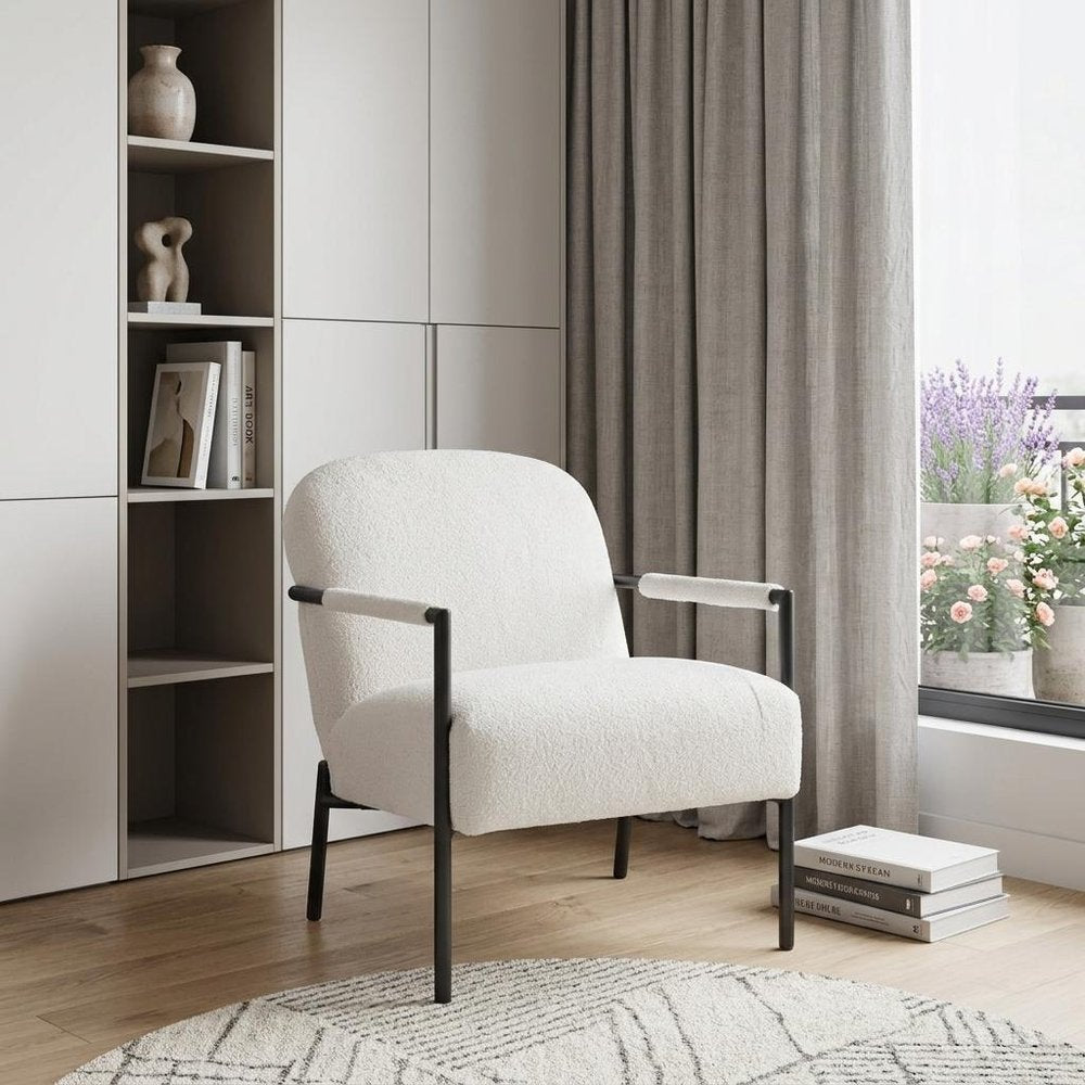 26" Ivory And Black Faux Shearling And Upholstered Arm Chair