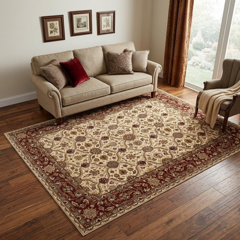 5' X 8' Ivory and Red Oriental Hand Tufted Non Skid Area Rug