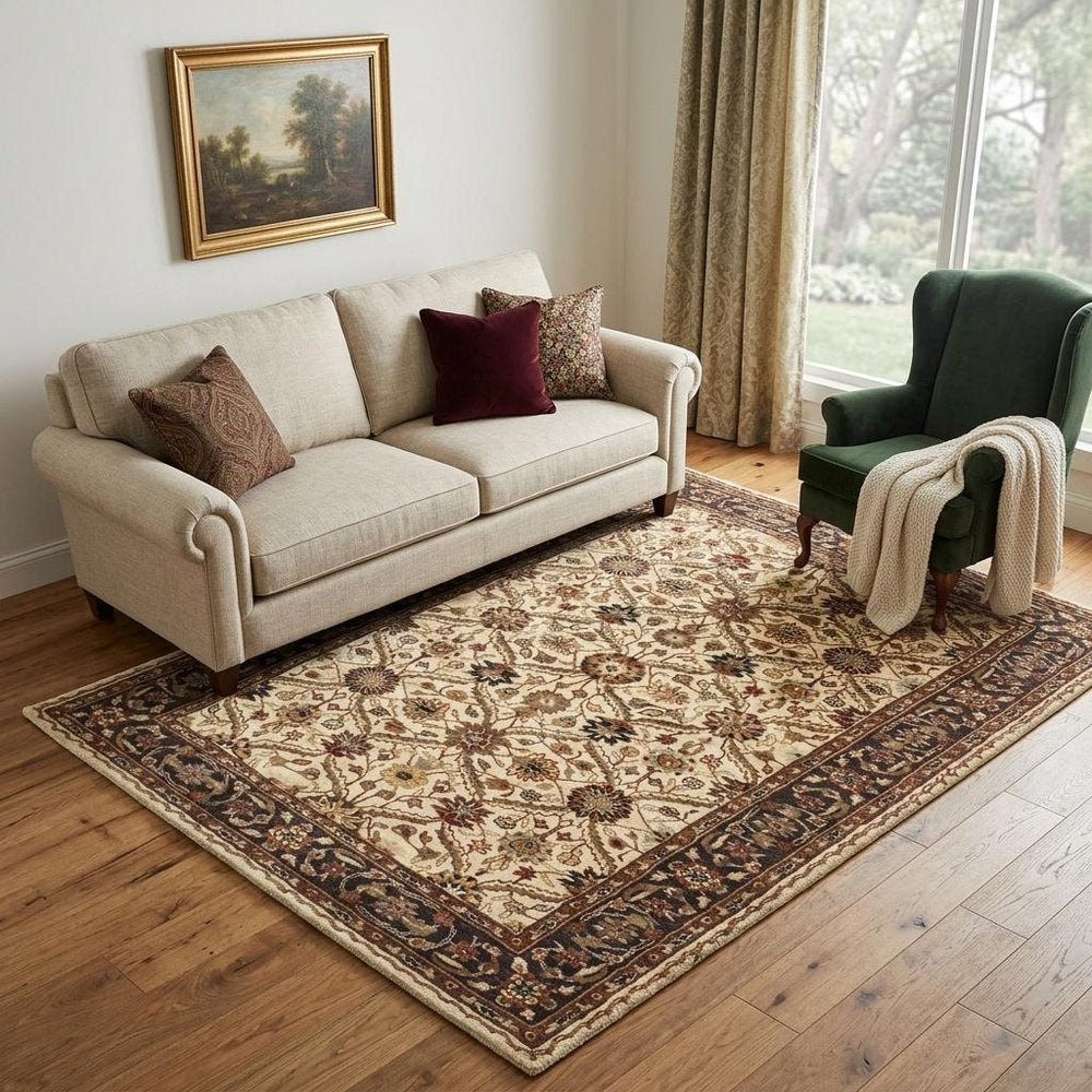 5' X 8' Ivory and Black Oriental Hand Tufted Non Skid Area Rug