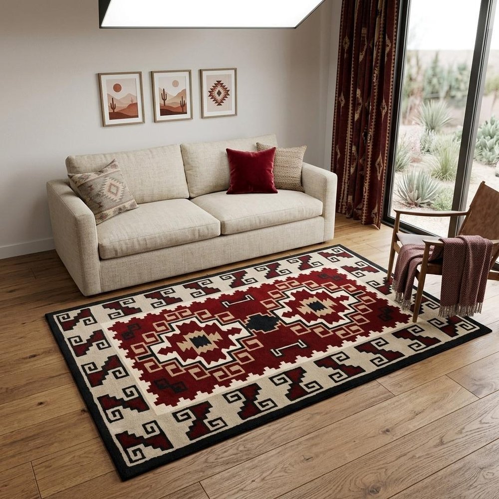 5' X 8' Red and Beige Southwestern Hand Tufted Non Skid Area Rug
