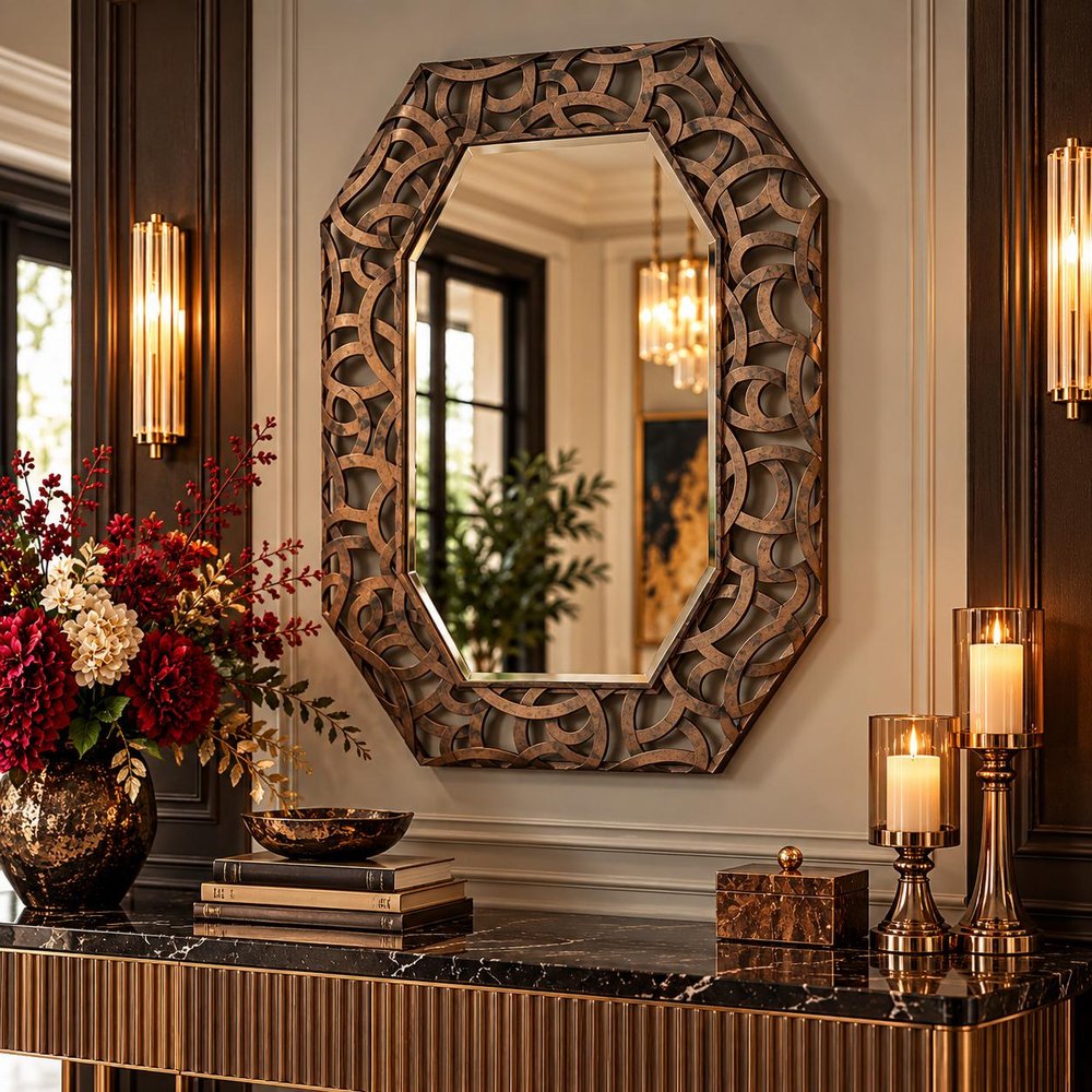 35" Bronze Octagonal Steel Framed Accent Mirror