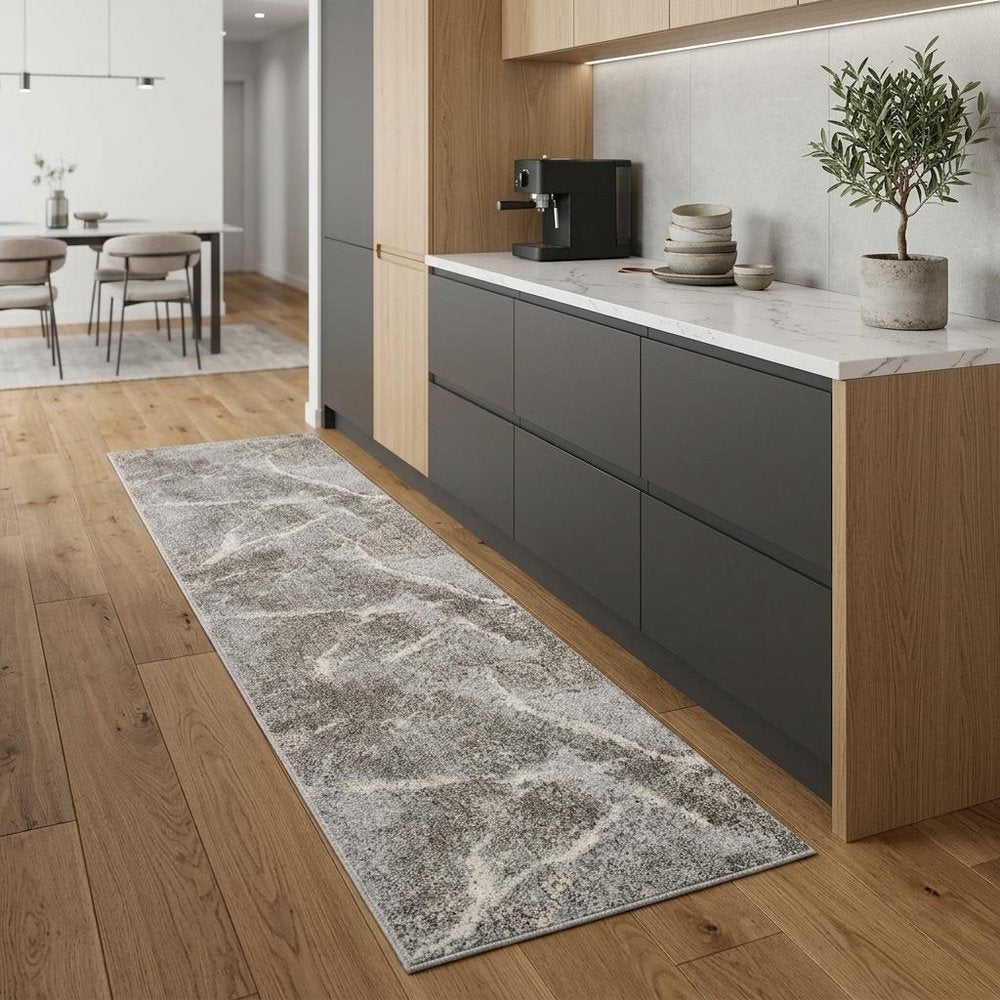 8' Gray And Beige Abstract Distressed Runner Rug
