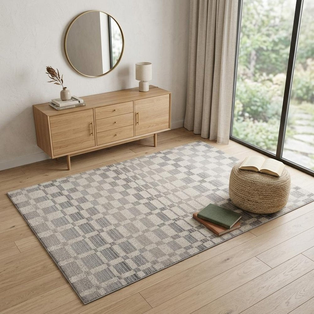 4' X 6' Gray and Beige Checkered Distressed Area Rug