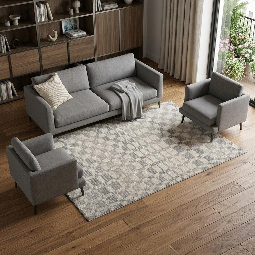 8' X 11' Gray and Beige Checkered Distressed Area Rug