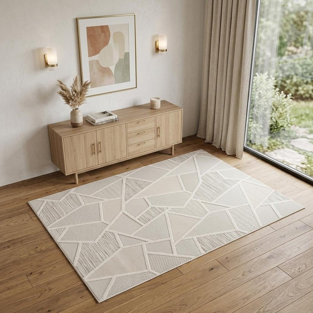 4' X 6' Cream and Beige Geometric Distressed Area Rug