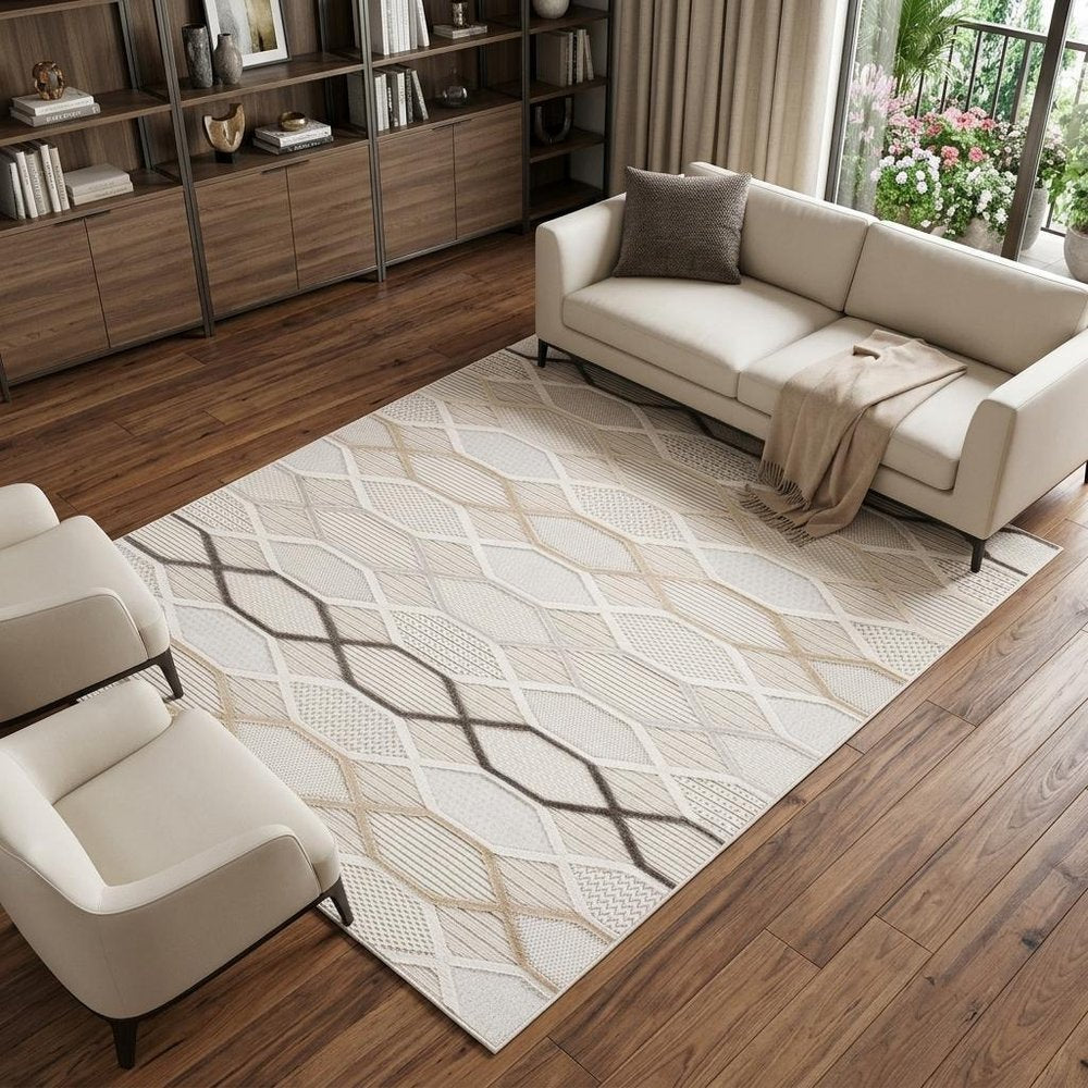 7' X 10' Cream and Beige Abstract Distressed Area Rug